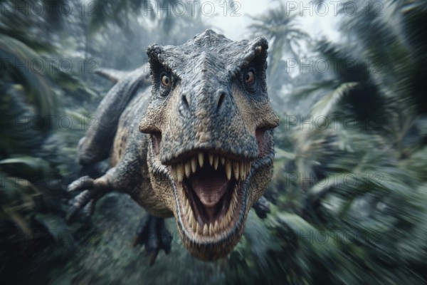 An angry, dinosaur, Tyrannosaurus with bared teeth runs through a jungle, AI generated, AI