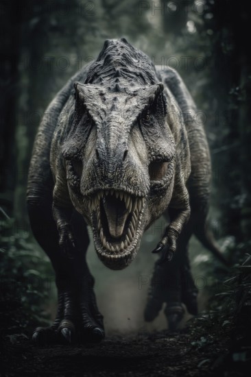 An angry, dinosaur, Tyrannosaurus with bared teeth runs through a jungle, AI generated, AI