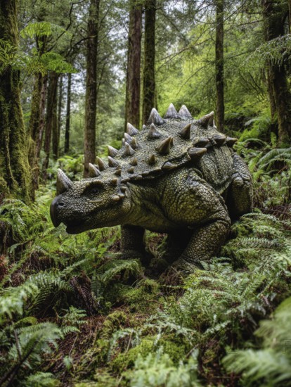 A dinosaur, Ankylosaurus roams through a jungle, AI generated, AI generated