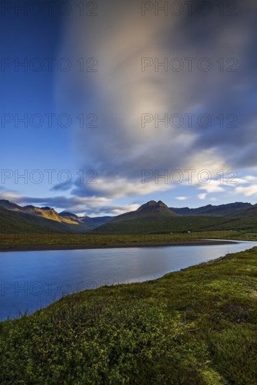 River, mountains, clouds, morning light, long exposure, summer, Stodvarfjördur, East Fjords,