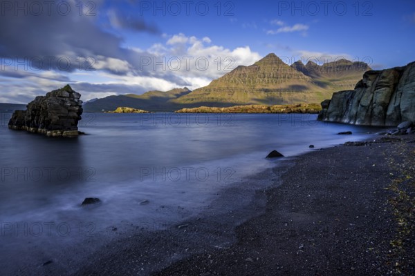 Sea, surf, beach, shore, cliff, mountains, clouds, morning light, long exposure, summer,