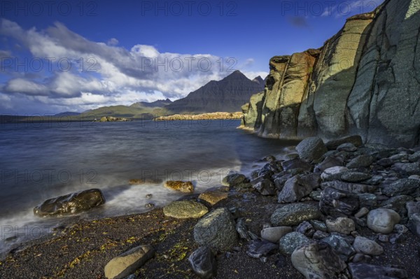 Sea, surf, beach, shore, cliff, mountains, clouds, morning light, long exposure, summer,