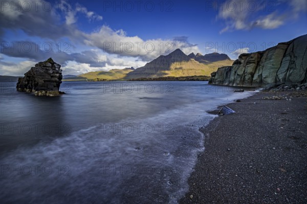 Sea, surf, beach, shore, cliff, mountains, clouds, morning light, long exposure, summer,