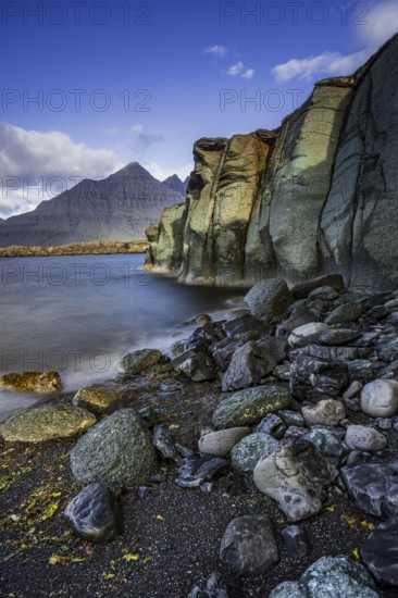 Sea, surf, beach, shore, cliff, mountains, clouds, morning light, long exposure, summer,