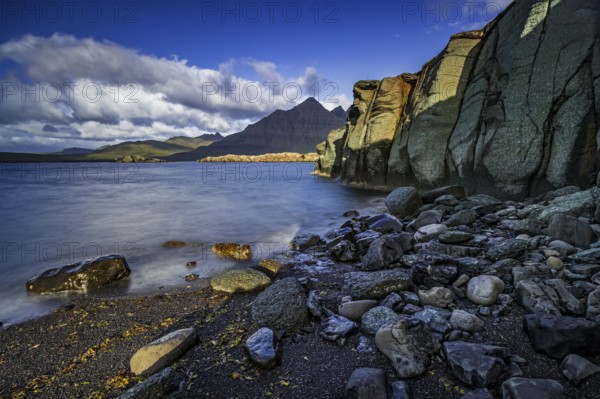 Sea, surf, beach, shore, cliff, mountains, clouds, morning light, long exposure, summer,