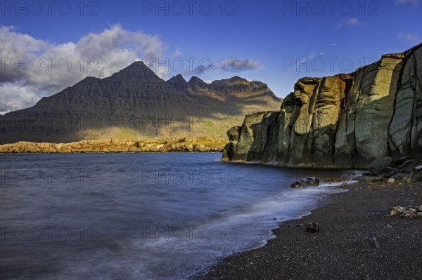 Sea, surf, beach, shore, cliff, mountains, clouds, morning light, long exposure, summer,