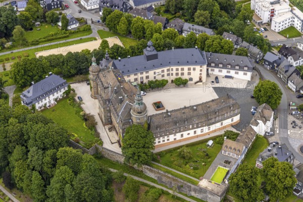 Aerial view, Schloss Berleburg, residence palace of the Sayn-Wittgenstein family, orangery and