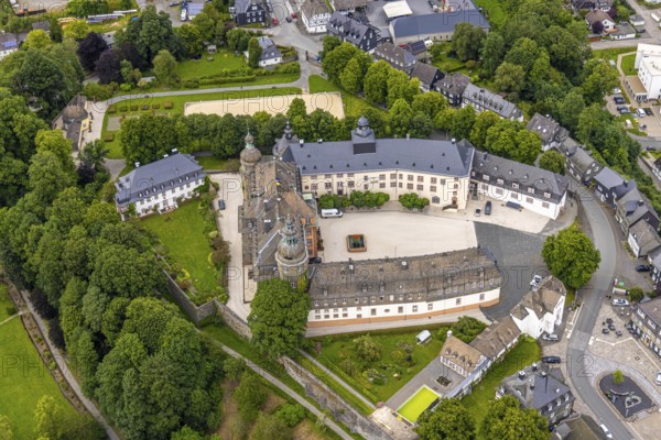 Aerial view, Schloss Berleburg, residential palace of the Sayn-Wittgenstein family, orangery and