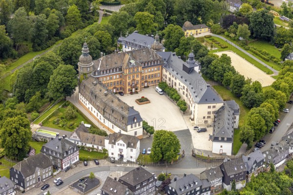 Aerial view, Schloss Berleburg, residence of the Sayn-Wittgenstein family, orangery and cross