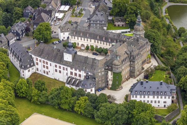 Aerial view, Berleburg Castle, residence castle of the Sayn-Wittgenstein family, Bad Berleburg,