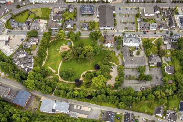 Aerial view, town park, town hall park and town hall town Bad Berleburg, Aldi supermarket