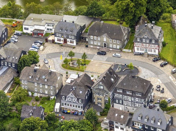Aerial view, Goetheplatz in the town centre with Wilhelm I monument, historic houses, restaurants