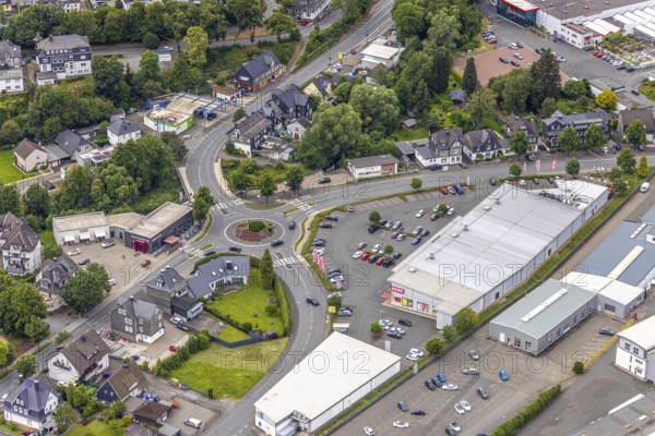 Aerial view, roundabout Poststrasse and Astenberger Strasse, Rewe supermarket, Bad Berleburg,