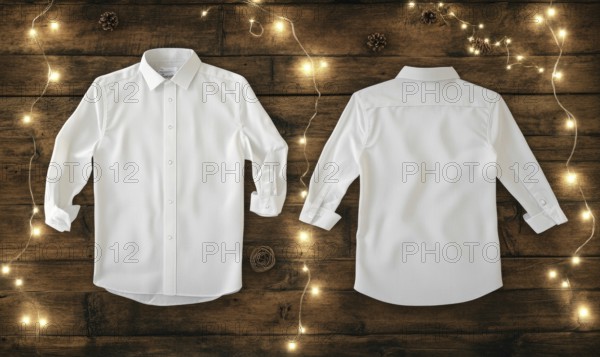 Two white shirts are displayed on a wooden surface. The shirts are hanging on a wall and are not