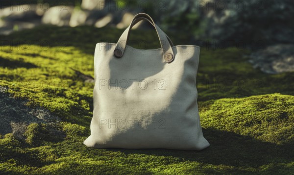 A tan purse is sitting on a mossy field. The purse is made of a soft material and has a brown