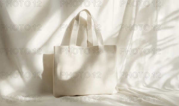A canvas bag in soft sunlight with shadows, highlighting its creamy fabric and texture. AI