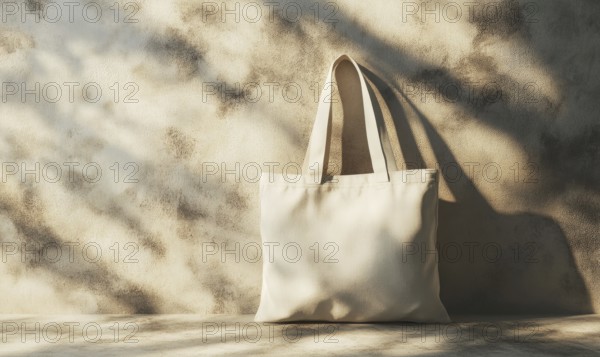 A white canvas bag is sitting on a table in front of a wall. The bag is empty and the wall is made