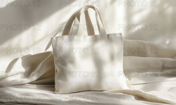 A white bag with a pattern on it is laying on a bed. The bag is empty and the bed is covered in a