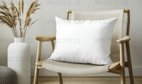 A white pillow sits on a wooden chair in front of a vase. The chair is a simple design with a zebra