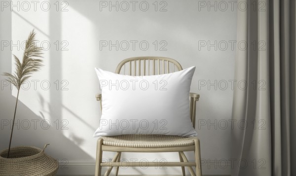 A white pillow sits on a chair in a room with a white wall. The chair is in front of a window, and