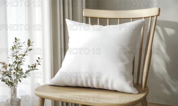 A white pillow sits on a wooden chair in a room with a window. The pillow is placed on the chair,