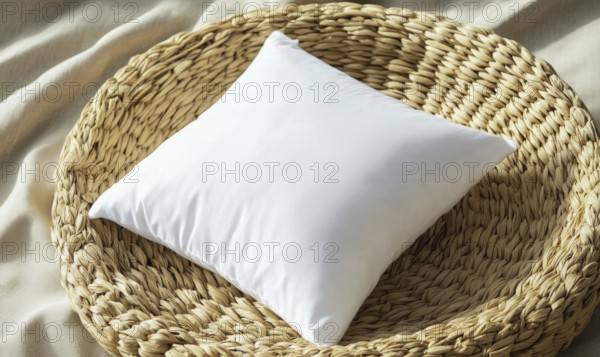 A white pillow sits on a woven basket. The basket is made of straw and has a rustic feel. The