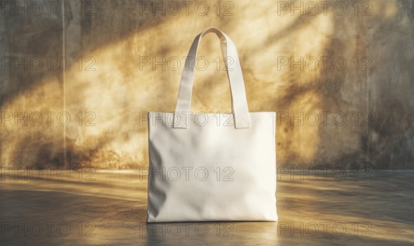 A white bag with a brown handle sits on a concrete floor. The bag is open and the handle is visible