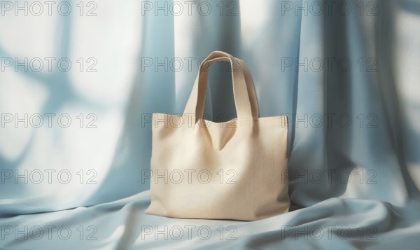 A tan purse is sitting on a blue cloth. The purse is made of leather and has a pattern on it. The