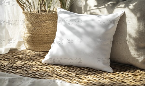 A white pillow sits on a woven mat next to a basket. The pillow is the main focus of the image, and