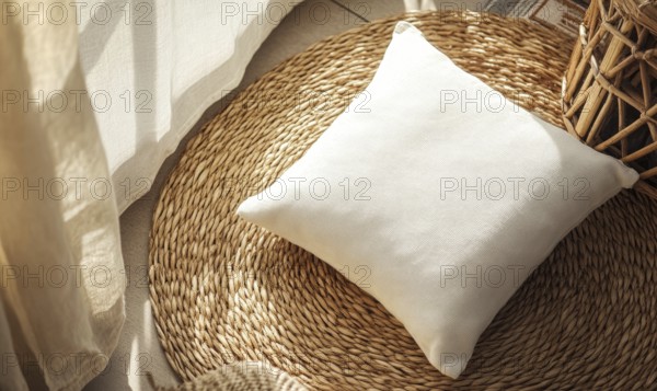 A white pillow sits on a woven rug in front of a window. The pillow is unoccupied and the rug is