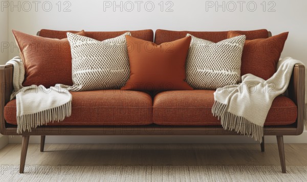 Warm and inviting orange sofa with patterned pillows and fringe throws in a mid-century modern