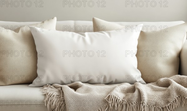 Cozy sofa setup with beige pillows, a large white pillow, and a fringed blanket in a neutral