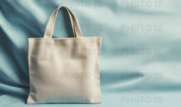 A white bag is on a blue background. The bag is open and the handle is visible. The bag is placed
