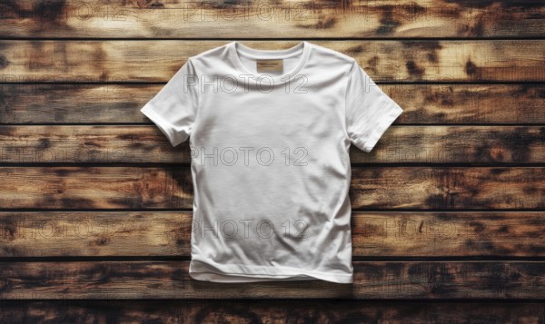 A white t-shirt is displayed on a wooden surface. The shirt is unbuttoned and has a tag on the back