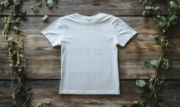 A white t-shirt is sitting on a wooden table. The shirt is unbuttoned and has no design on it. The