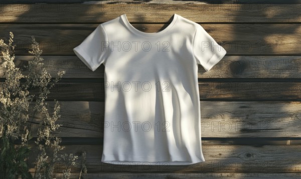 A white shirt is hanging on a wooden wall. The shirt is unbuttoned and the sleeves are rolled up.