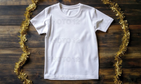 A white shirt is on a wooden table with a gold and silver garland. The shirt is unbuttoned and has