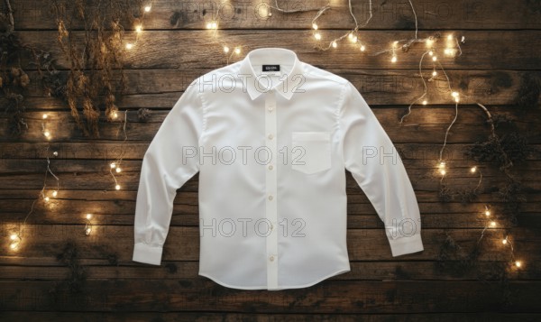 A white shirt is displayed on a wooden surface. The shirt is neatly pressed and has a button-up