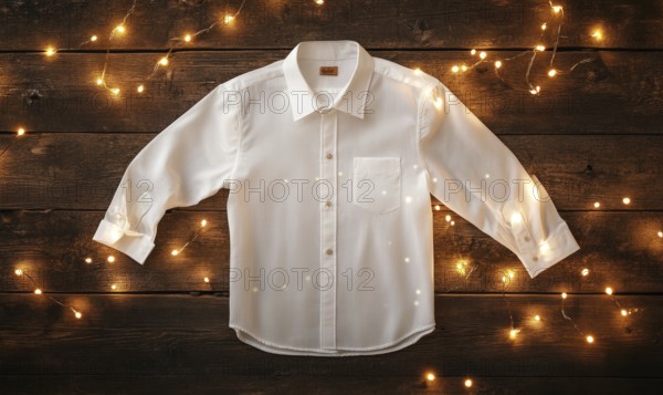 A white shirt with a brown tag is displayed on a wooden surface. The shirt is hanging on a wall