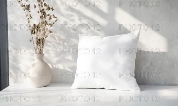 A white pillow sits on a table next to a vase of flowers. The pillow is unmade and the flowers are