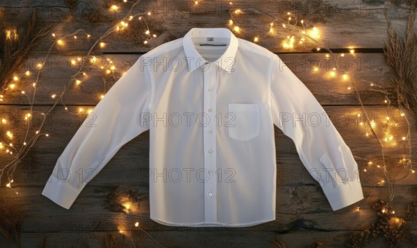 A white shirt is displayed on a wooden surface with a string of lights. The shirt is folded and