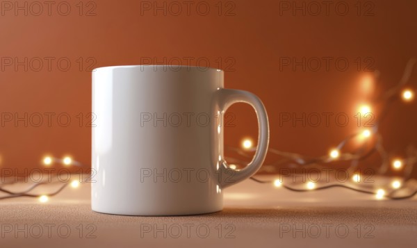 A white coffee mug sits on a table with a warm orange background. The mug is empty, but it is the