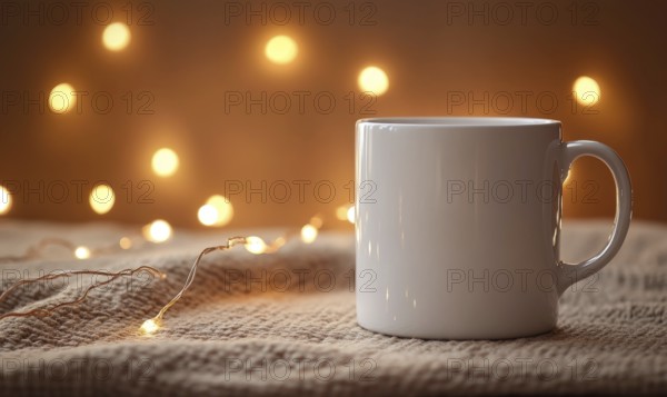 A white coffee cup sits on a blanket with a light shining on it. The light creates a warm and cozy