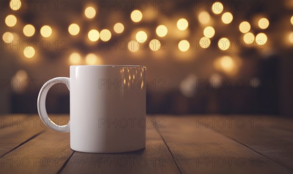 A white coffee mug sits on a wooden table. The table is lit by a light source, creating a warm and