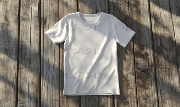 A white shirt is laying on a wooden surface. The shirt is unbuttoned and has a collar. The shirt is