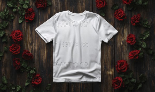 A white t-shirt is displayed on a wooden surface with red roses surrounding it. Concept of elegance