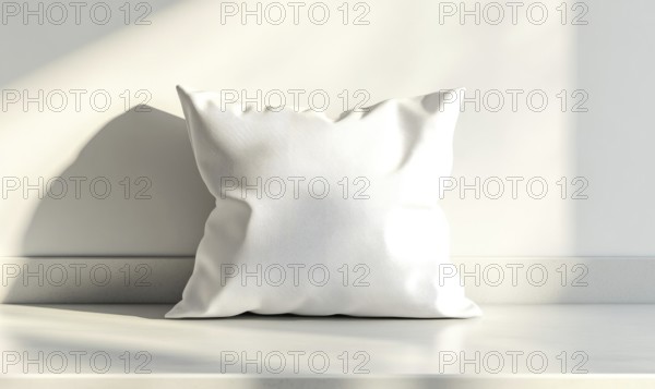A white pillow sits on a countertop in a room with a window. The pillow is unmade and he is a