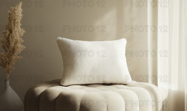 A white pillow sits on a white cushion. The pillow is placed on a round cushion, which is also
