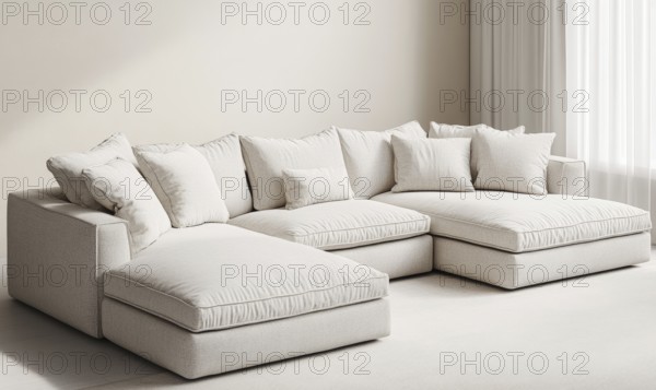 A spacious beige sectional sofa with plush pillows in a bright, cozy room. AI generated