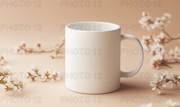 A white coffee cup sits on a table with a bunch of pink flowers. The cup is empty and the flowers